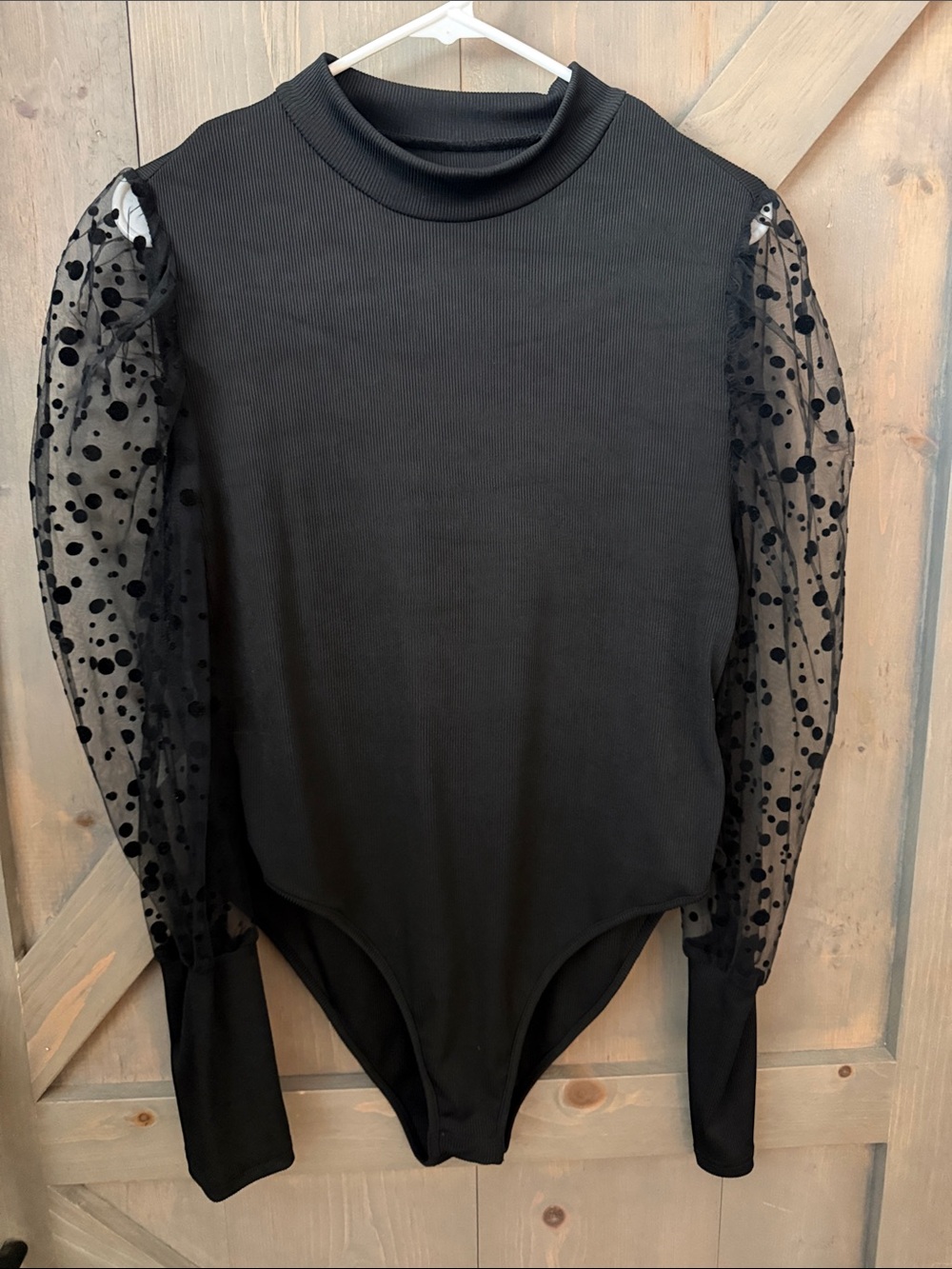 SHEIN Black Ribbed Bodysuit with Sheer Polka Dot Sleeves